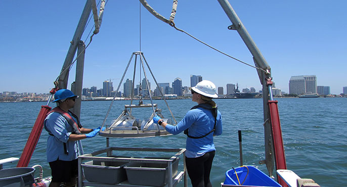 Two field researchers standing at the back of a research vessel in San Diego Bay lower a sediment grab sampler into the water; the downtown San Diego skyline is visible in the distance.