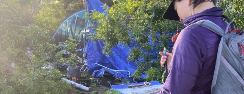 A field crew visits people experiencing homelessness along the San Diego River for a study assessing their sanitary habits. This study represents one of multiple SCCWRP-led investigations probing various potential sources of fecal contamination to the San Diego River watershed.