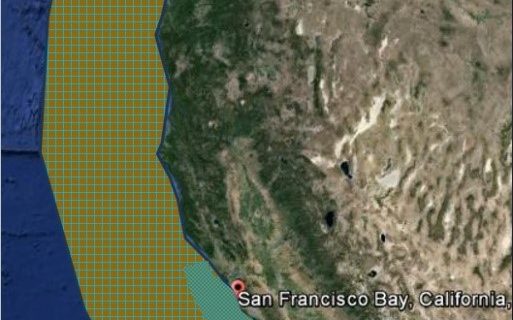 SCCWRP is working to help build a coupled physical-biogeochemical model for the U.S. West Coast, above, that can predict the impacts of local pollution on ocean acidification. The model will be downscaled to focus on the coastal areas near the Columbia River outfall, San Francisco Bay, and the Southern California Bight, shown in turquoise shading.