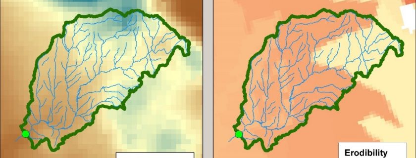 Calculating the health of a stream using the California Stream Condition Index requires use of a geospatial mapping tool that overlays the watershed with site-specific data on average annual precipitation, left, and geomorphic erodibility, right. Above, this tributary of the San Juan Creek watershed in Orange County encompasses a range of precipitation and erodibility patterns that help inform expectations about the biological condition of each of its stream segments.