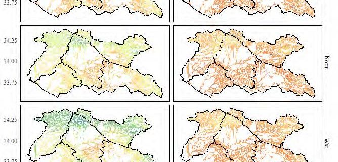 SCCWRP and its partners have developed a series of hydrologic maps that estimate the historic flows of ephemeral streams. The maps above show flow conditions in the Santa Ana region in January, left, and July, right, under three different types of seasonal rainfall patterns (dry, normal, and wet). From these interactive, customizable maps, watershed managers can understand the dynamic nature of ephemeral stream flows over time.