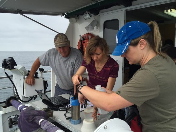 George Robertson of the Orange County Sanitation District, left, and Ashley Booth, center, and Erin Oderlin of the City of Los Angeles Sanitation calibrate and prepare an XPRIZE-developed ocean pH monitoring sensor for a test deployment in nearshore waters off Crystal Cove. All four of SCCWRP’s POTW member agencies participated in the training exercise in early August.