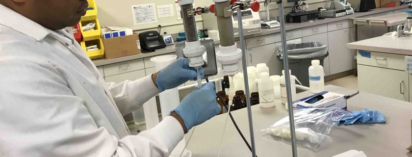 SCCWRP’s Dr. Nabiul Afrooz prepares to evaluate the ability of bioretention soil media to remove contaminants from stormwater runoff. The lab setup is designed to mimic much larger stormwater biofiltration units that are constructed in areas such as parking lots.