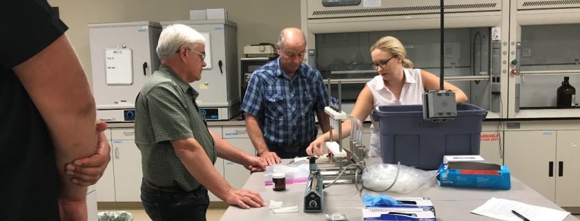 Representatives from the Utah Department of Agriculture and Food receive training in a SCCWRP laboratory on how to deploy a passive sampling technology to monitor for harmful algal blooms (HABs) in irrigation systems in Utah. The pilot project is part of a coordinated, multi-agency effort to develop robust HABs monitoring methods for more types of aquatic environments.