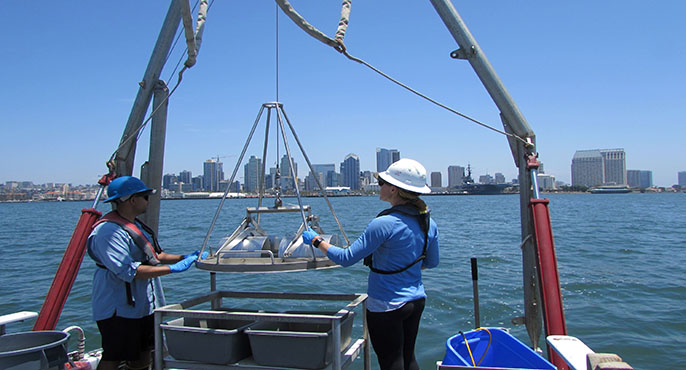 Two field researchers standing at the back of a research vessel in San Diego Bay lower a sediment grab sampler into the water; the downtown San Diego skyline is visible in the distance. 