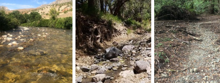 Researchers have developed tools to help stream managers rapidly distinguish among sites with
perennial, intermittent or ephemeral stream flows. From left to right, Shell Creek in Wyoming is
classified as having perennial flows, Truxton Wash in Arizona as having intermittent flows, and Calf
Creek in California as having ephemeral stream flows.
