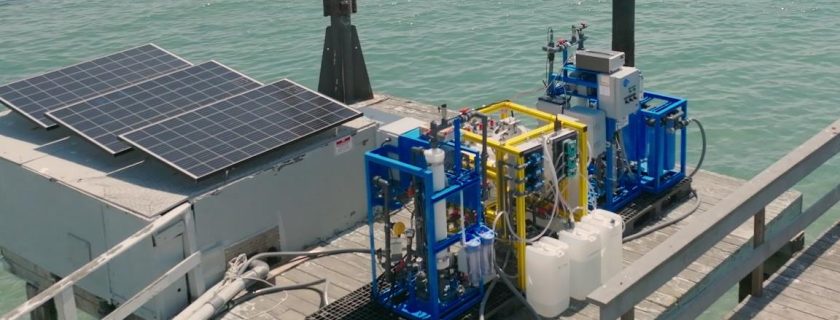 Electrodialysis technology, pictured above on a pier in Newport Beach, is one example of a type of marine carbon dioxide removal (mCDR) technology that may be able to draw down carbon dioxide levels in coastal waters. State agencies met at SCCWRP in October for a two-day workshop exploring the implications of piloting mCDR projects in California coastal waters. (Courtesy of Captura Corporation)